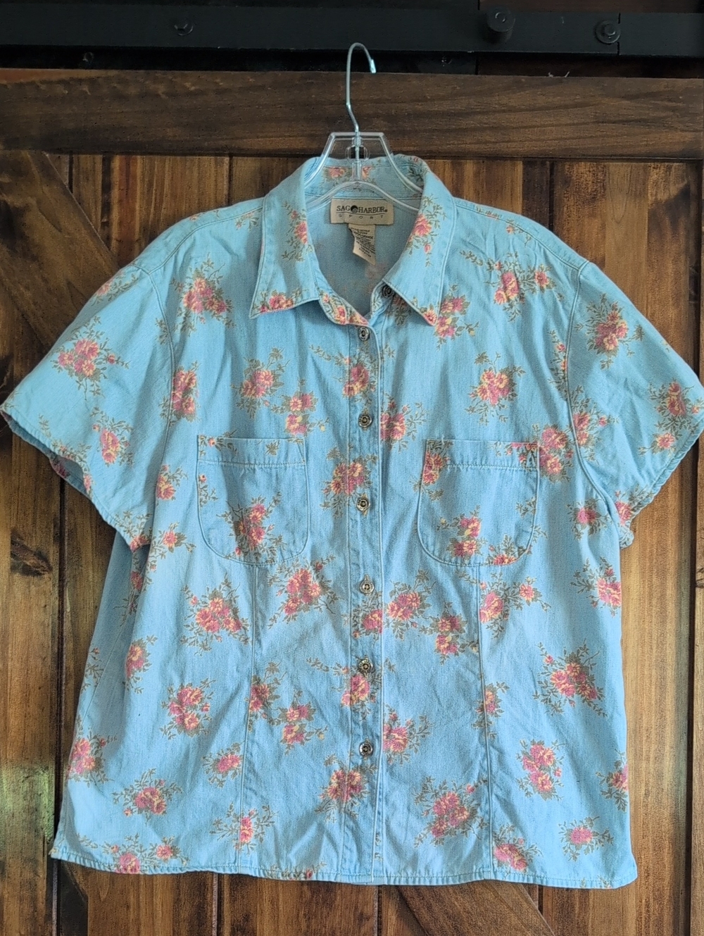 Vintage-Inspired Light Blue Floral Button-Up Shirt by Sag Harbor Cotton Sz Large